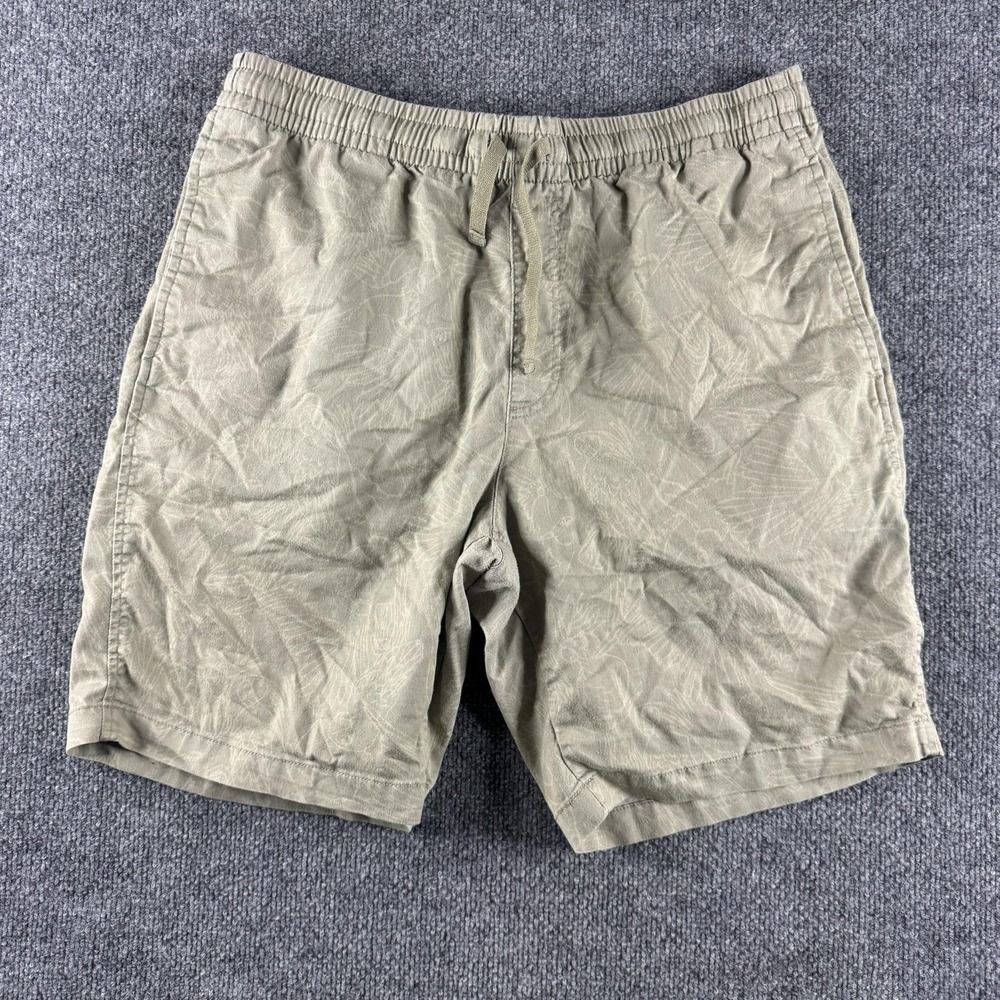 Uniqlo Shorts Mens L Green Chino Elastic Waist Drawstring Tropical Print Canvas